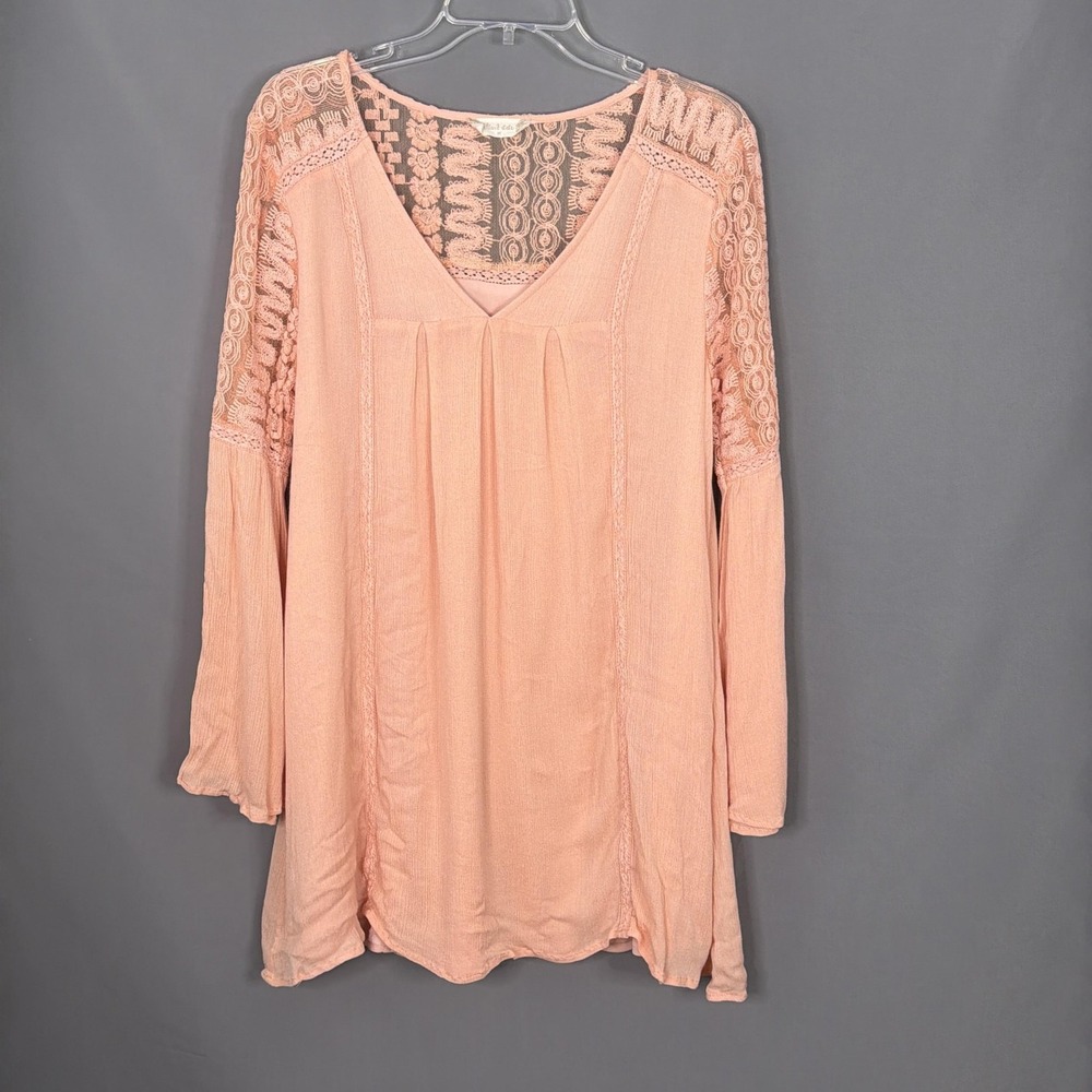 Altar'd State Tunic Womens M Pink Cotton Lace Top Bell Sleeve Boho Romantic